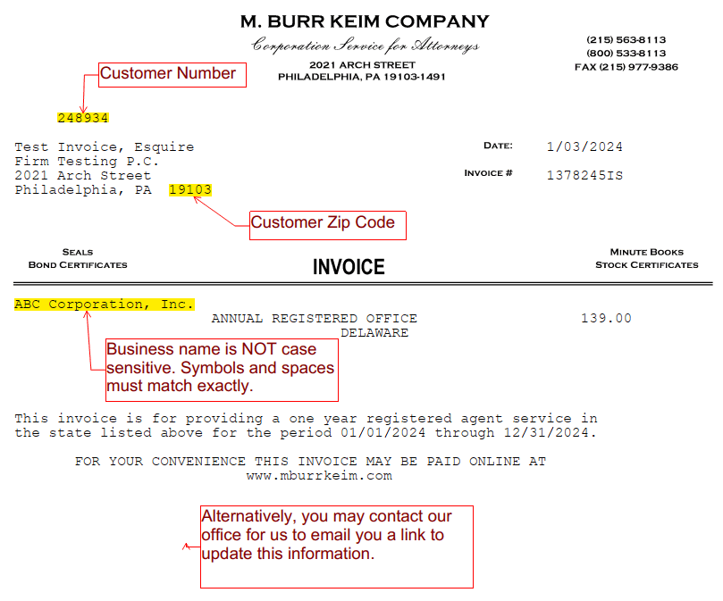 Example Invoice With Login Information Highlighted